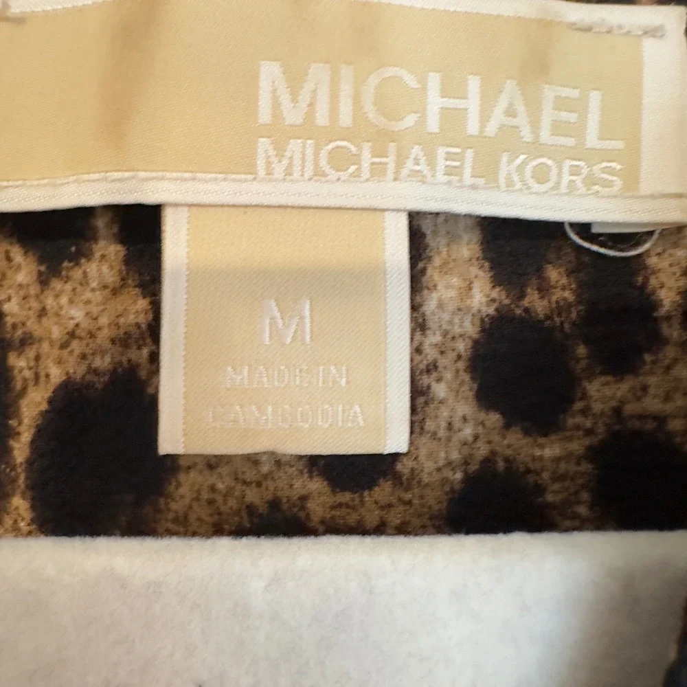 Michael Michael Kors Leopard Print V-Neck Blouse with Tie Cuffs Brown Black M